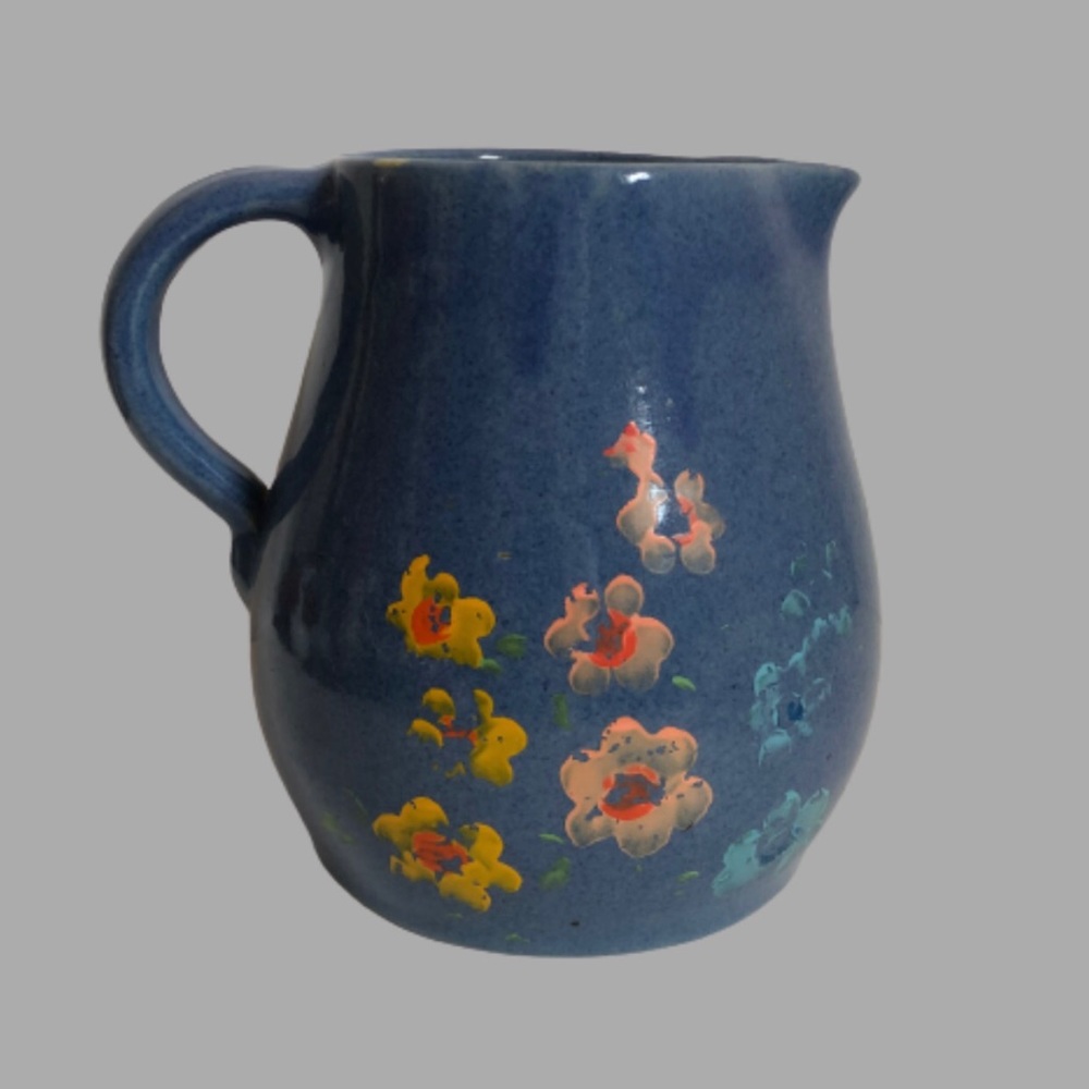 Vintage handpainted blue pottery jug Kamo? floral cottagecore primitive country
